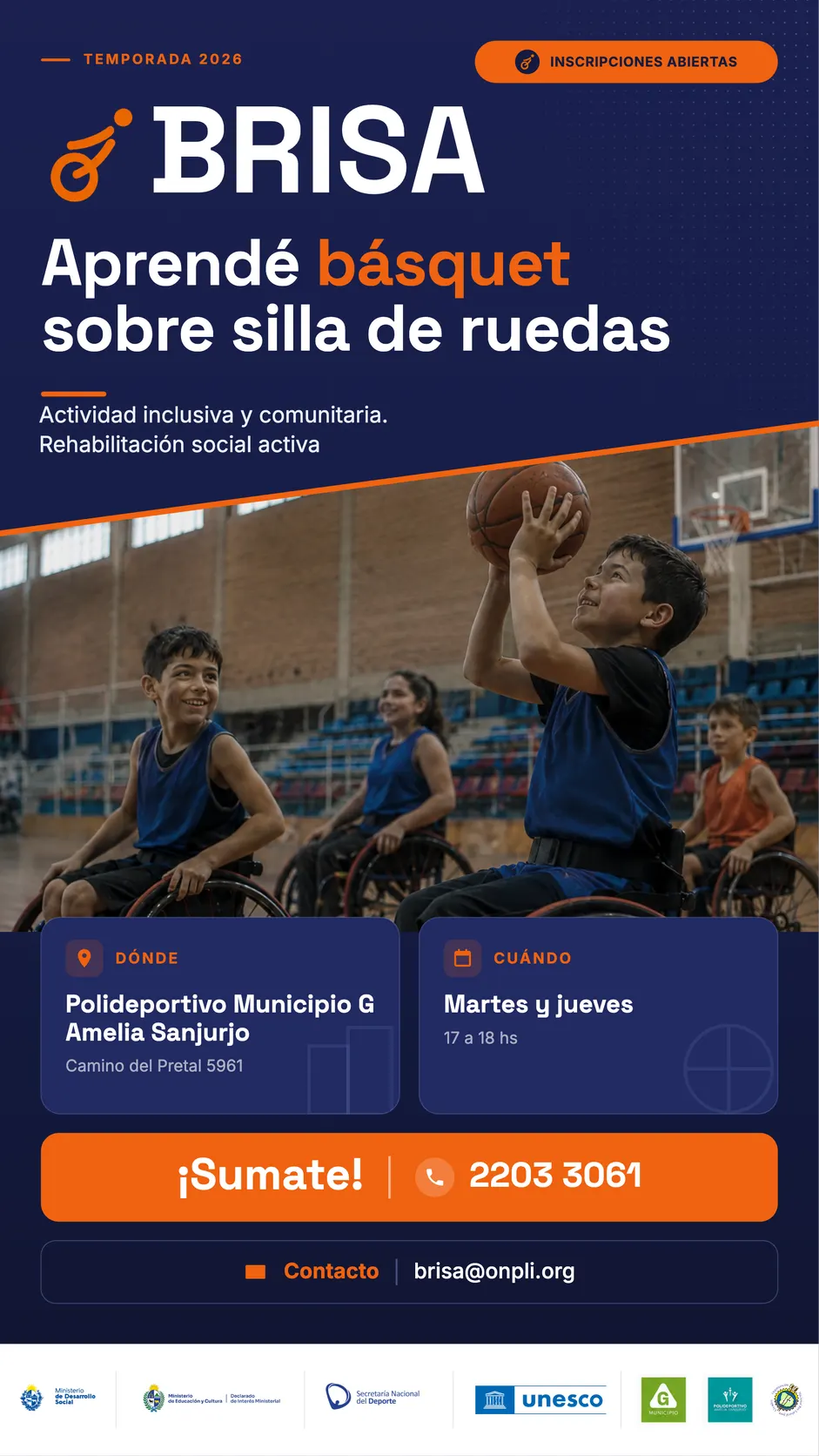 Afiche oficial de la temporada BRISA 2026: aprendé básquet sobre silla de ruedas, martes y jueves de 17 a 18 h en el Polideportivo Municipio G Amelia Sanjurjo, inscripciones abiertas.