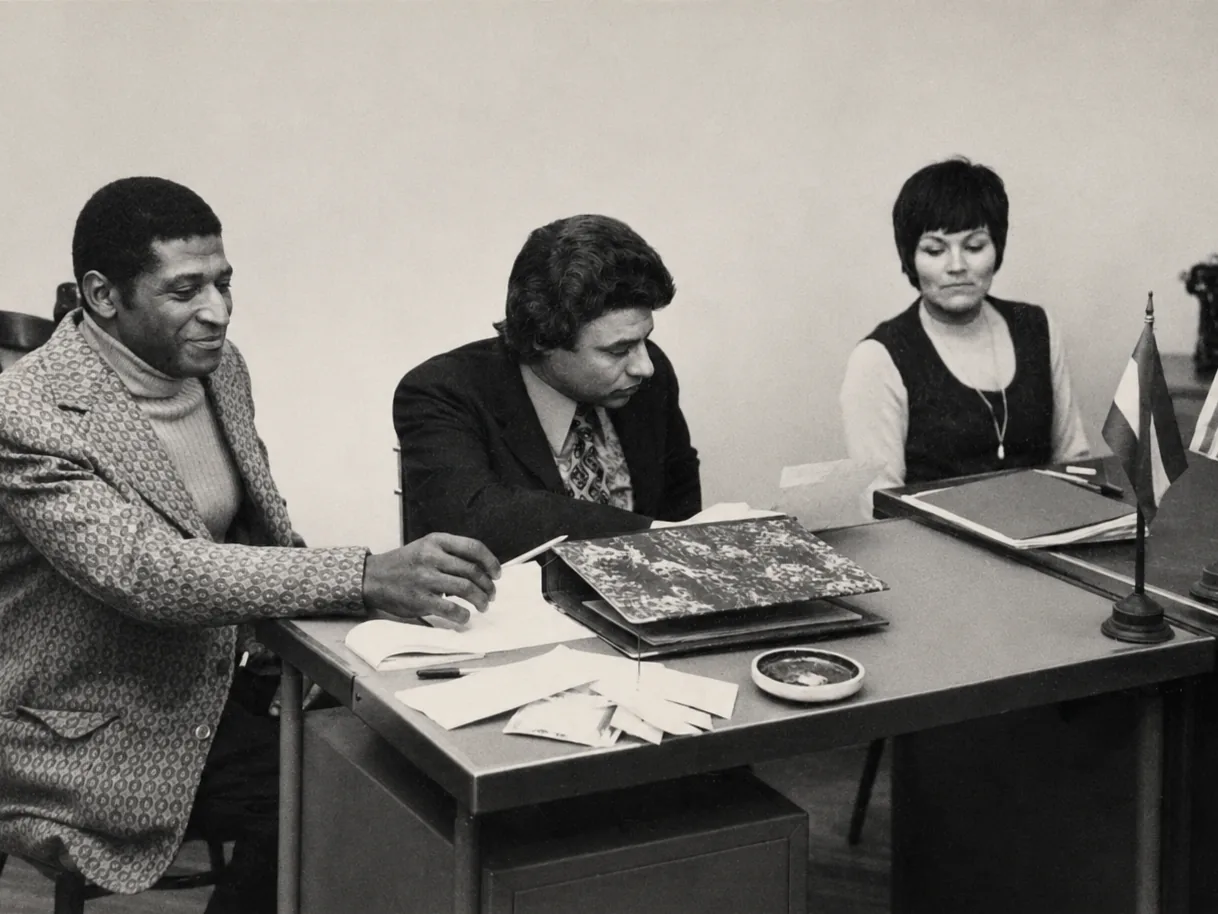 Reunión de directiva en blanco y negro: tres personas trabajando alrededor de un escritorio, con banderitas de escritorio a un costado.
